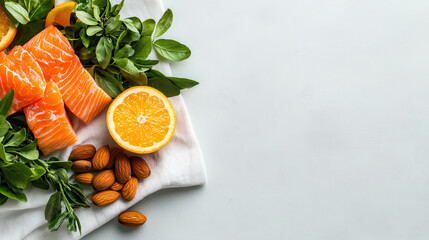 Fresh salmon, nuts, and citrus fruits create vibrant and healthy composition, perfect for nutritious meal or recipe inspiration