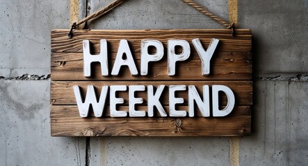 happy weekend lettering on wooden sign board hanging on concrete wall background