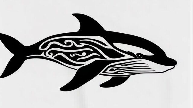Stylized black and white dolphin design with intricate patterns representing ocean themes