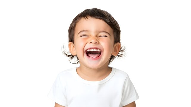 Close up portrait of a cheerful Hispanic child laughing and smiling brightly against a smooth white background