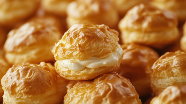 Cream puff photo of cream puffs taken in close-up with no margins due to the large amount of cream puffs.