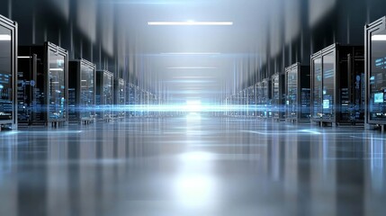 A futuristic data center corridor with rows of servers, illuminated by soft blue lights, creating a sleek, high-tech atmosphere.