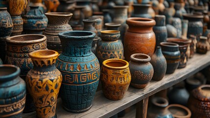 A captivating array of ancient pottery, each piece adorned with intricate designs and rich earthy tones. A testament to craftsmanship and cultural heritage. Ancient Oil related cultural artifacts.