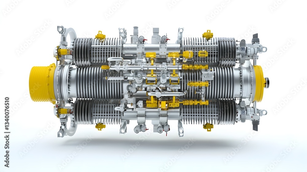 Poster close up view of a complex heat exchanger system with intricately arranged pipes valves and connecti