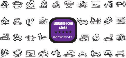 Naklejka premium outline icons related to accidents. Linear icon collection. Editable stroke