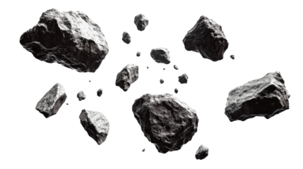 A collection of rocks scattered across a white background