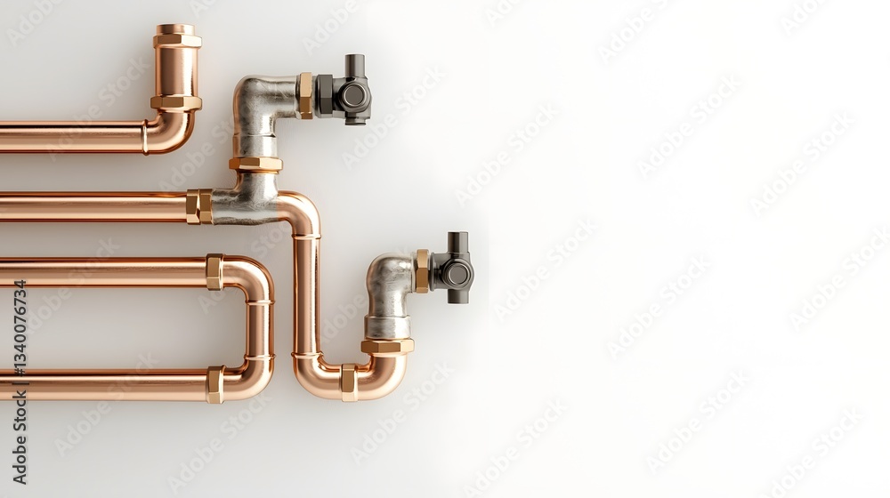 Poster close up view of intricate copper pipe fittings and valves showcasing the complex engineering behind