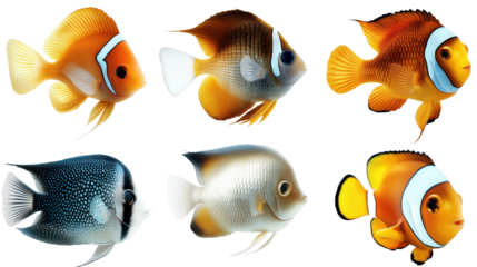 A group of six fish with different colors and patterns