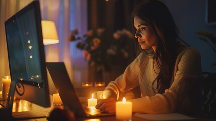 A businesswoman enjoying a peaceful Easter moment, lighting a scented candle at her desk