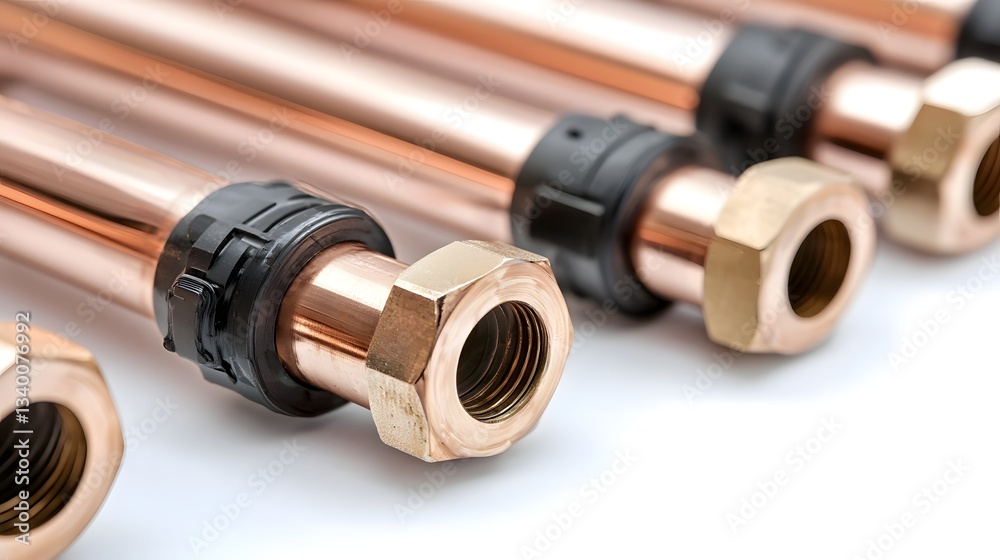 Poster close up view of various copper pipe fittings and connections showcasing the industrial hardware use