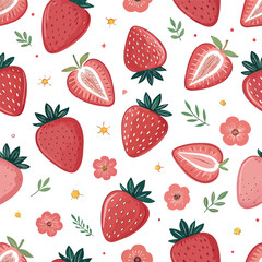 Seamless Abstract Summer Strawberry Pattern with Whole and Half Fruits on white background