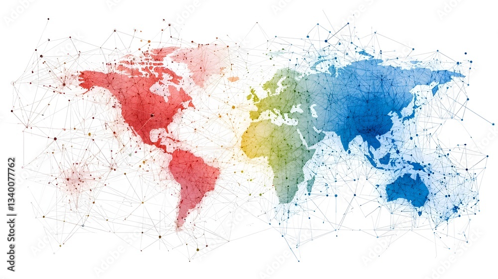 Poster Colorful abstract map visualizing the interconnected global supply chain and the potential disruptions caused by tariff barriers between regions and countries