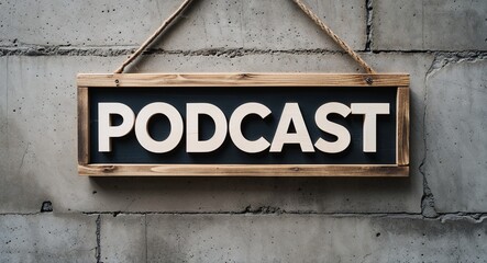 podcast lettering on wooden sign board hanging on concrete wall background