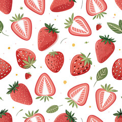 Seamless Abstract Summer Strawberry Pattern with Whole and Half Fruits on white background