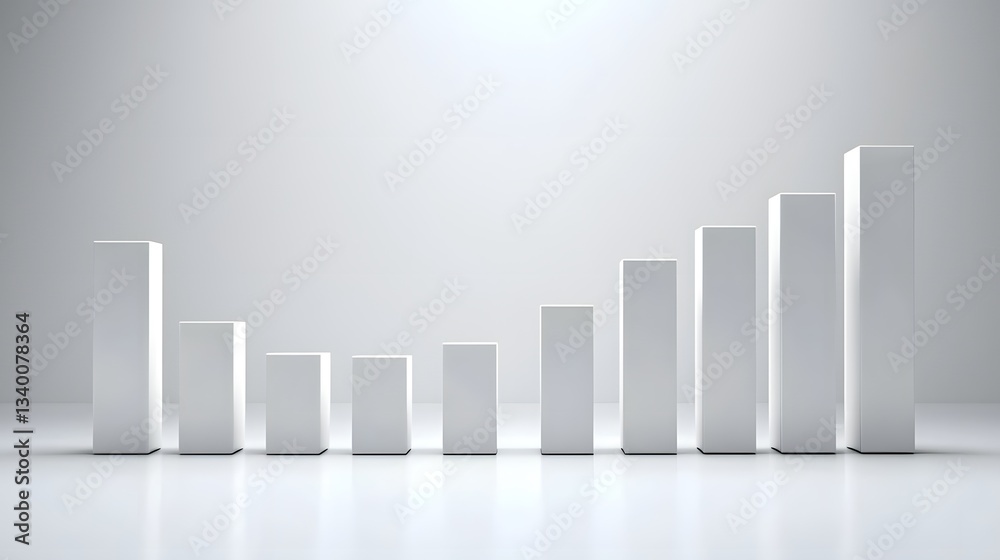 Fototapete Conceptual image of a simple geometric data visualization chart with a series of rising white blocks suggesting growth progress and financial performance metrics on a clean minimalist background