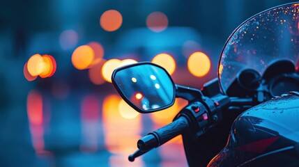 Close up view showcases a motorcycle in wet evening light