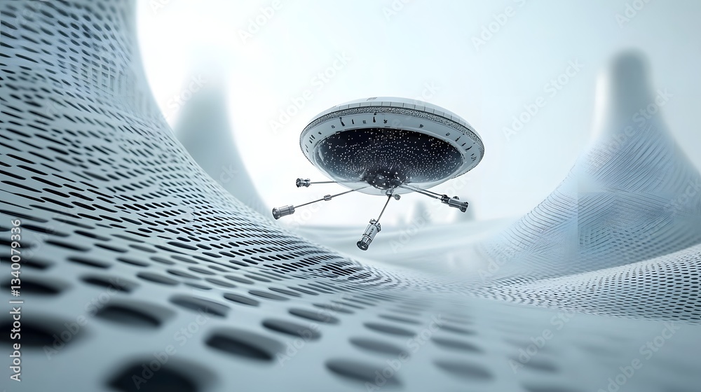 Fototapete depiction of an unidentified futuristic object hovering and emerging from a clean minimalist quantum field environment