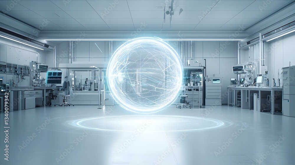 Poster Depiction of a mysterious luminous energy sphere hovering in a clean high tech research laboratory environment