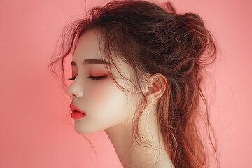 Naklejka premium Profile of a young woman with coral makeup loose updo and a soft pink background.