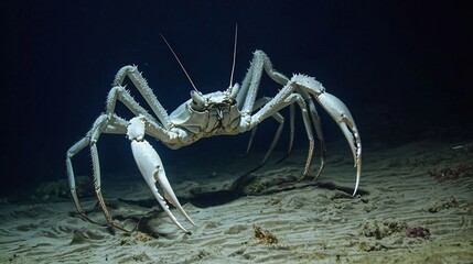Fototapeta premium Ghostly Japanese spider crab moving across the deep sea floor its massive legs stretching like alien appendages in the abyssal darkness