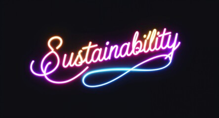 Sustainability glowing colorful neon cursive calligraphy lettering on plain black dark background