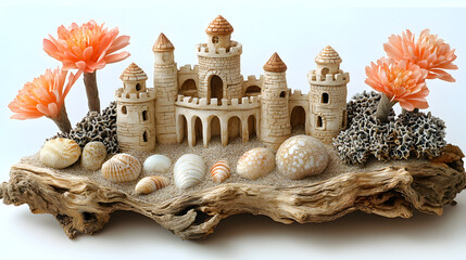 Obraz premium Miniature sandcastle with seashells coral and peach flowers atop driftwood against a light background.