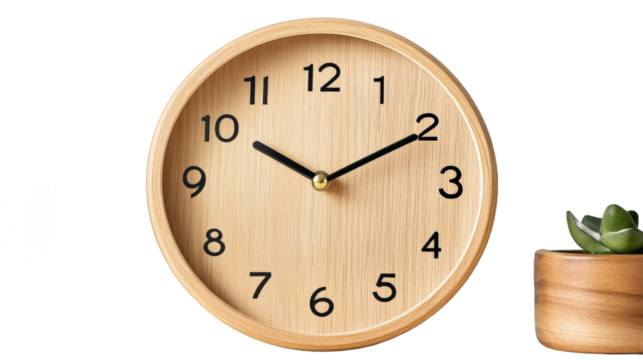 A wooden alarm clock with the hands on the numbers 3 and 9