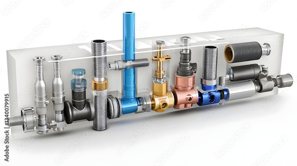 Poster Detailed cutaway view of various plumbing pipes fittings and valves against a plain white background showcasing the inner components and mechanics of a complex piping system