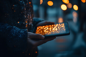 Hands hold a phone displaying 214 with sparkling lights set against an out-of-focus bokeh-lit cityscape.