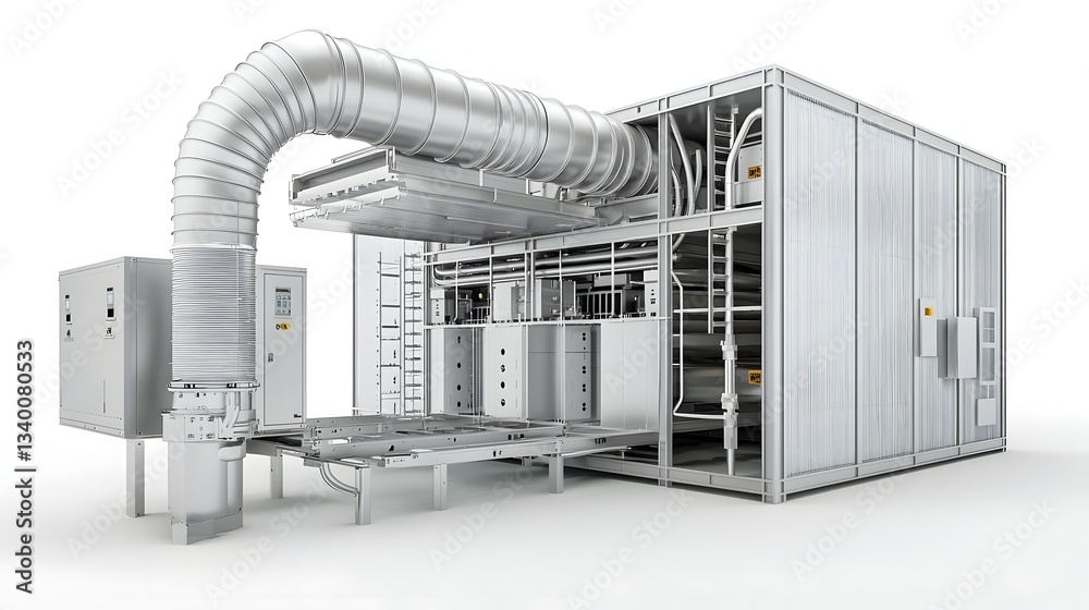 Poster Detailed view of a complex HVAC duct and pipe assembly system on a clean white background showcasing the intricate engineering and design of commercial climate control equipment