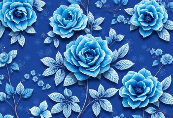 Delicate blue rose & foliage chinoiserie pattern on porcelain-inspired background, blue, china