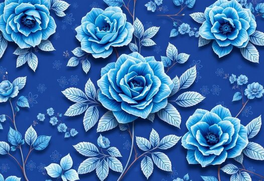 Delicate blue rose & foliage chinoiserie pattern on porcelain-inspired background, blue, china