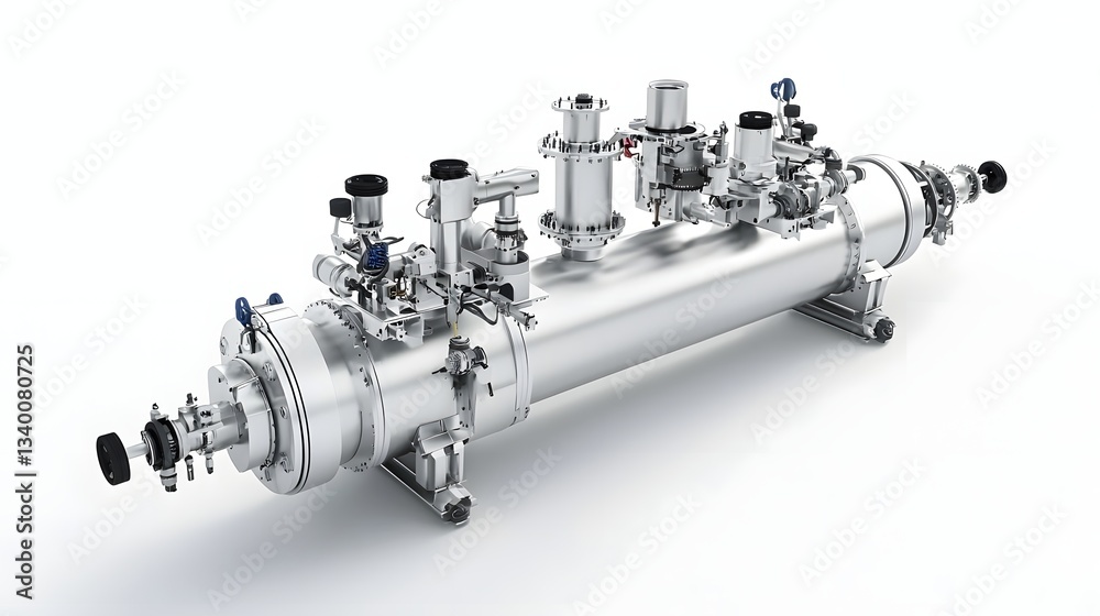 Poster Detailed view of a complex steel pipeline assembly consisting of various mechanical components and valves set against a clean minimalist white background