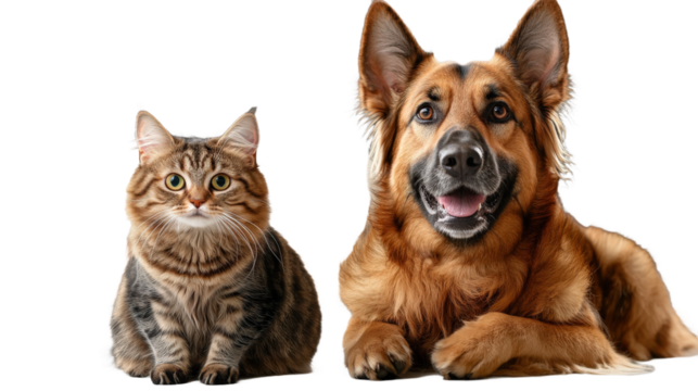 A brown dog and a white cat are standing next to each other