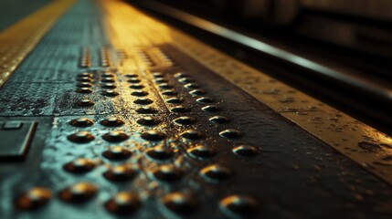 Detailed close up image of textured metal platform surface