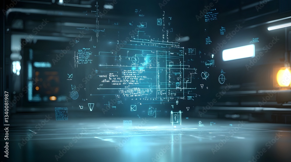 Fototapete Holographic glowing scientific formulas and data visualizations suspended in a sleek high tech digital environment representing the mysteries of lost knowledge