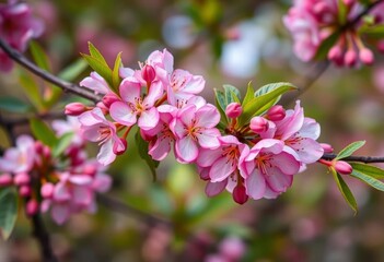 Obraz premium Delicate pink almond blossoms on vibrant green branches, plant, floral