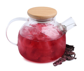 Delicious hibiscus tea with ice in teapot and dry roselle sepals isolated on white