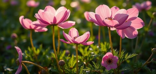 Delicate pink anemones unfurl in soft morning light, dew-kissed petals vibrant against lush green foliage, wildflower, anemone