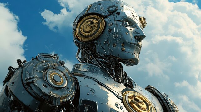 A futuristic robotic figure stands looking towards the bright sky - Powered by Adobe