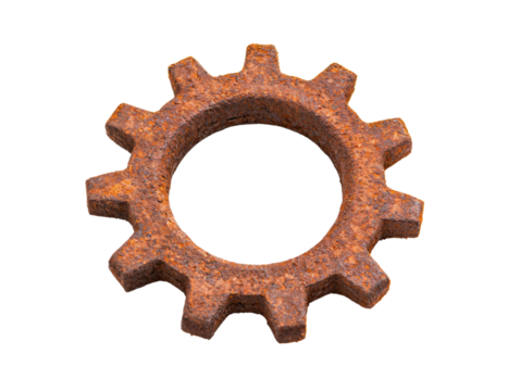 A rusty gear cog showcasing its worn edges and circular shape, emphasizing industrial age aesthetics and mechanical design.