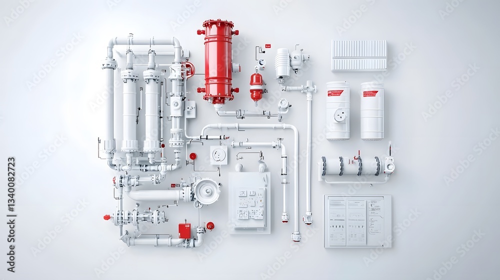 Poster Intricate engineering schematic showcasing the components and layout of an industrial pipe system against a plain white background