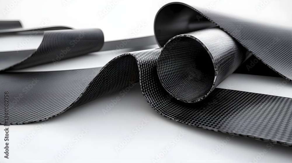 Poster intricate patterns of woven carbon fiber creating dynamic aerodynamic surfaces on a clean minimalist