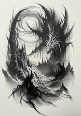 Obraz premium The image depicts a dark and mysterious landscape with a ring-shaped structure made of branches or thorns. A solitary figure stands in the foreground, suggesting a fantasy or science fiction setting. 