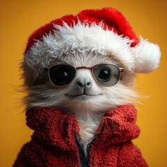 meerkat Merry Christmas, Christmas concept, Vacation, Winter, Funny animals, Animal greeting cards - Cool Santa Claus hat, Smiling slot character with sunglasses and Santa hat,