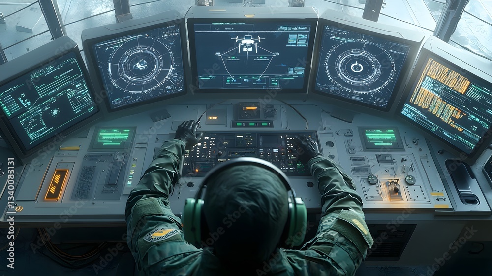 Poster Military personnel monitoring an advanced anti drone defense console with multiple digital screens and control interfaces