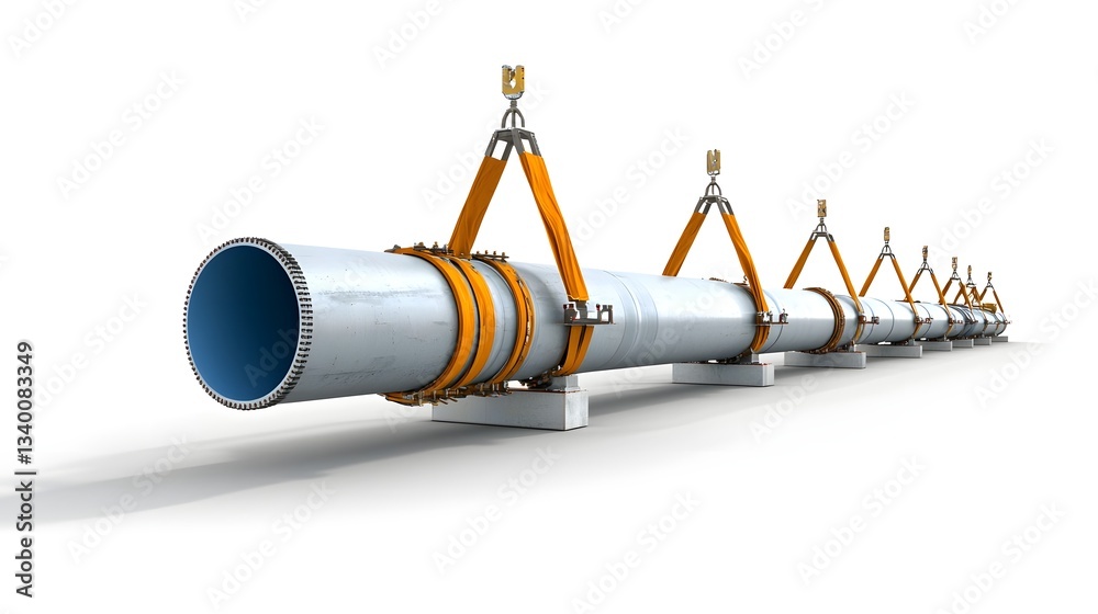 Aufkleber Multiple sections of a large industrial steel pipeline being arranged and connected together on a clean white backdrop utilizing hoists and rigging equipment for the assembly process
