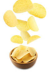 Tasty potato chips falling into bowl on white background