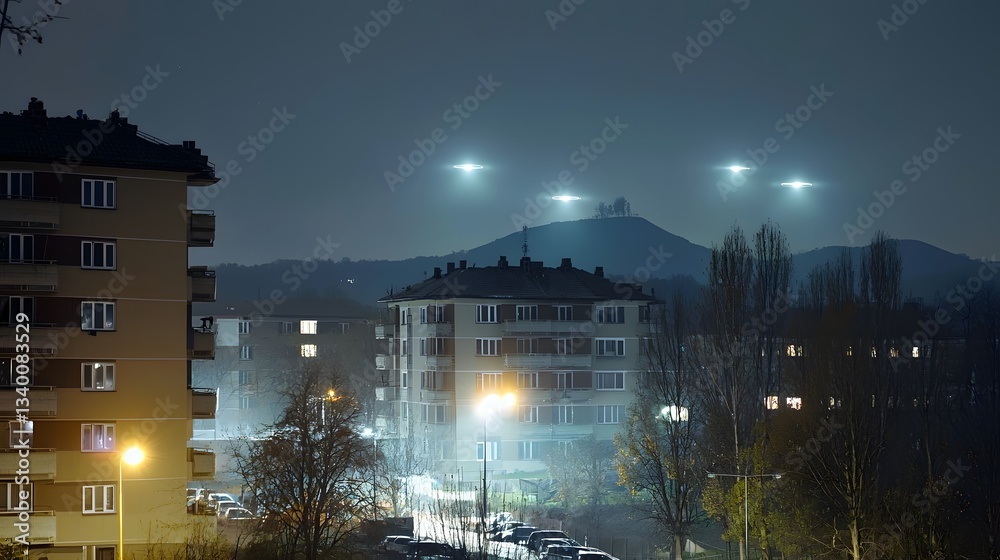 Poster mysterious glowing lights appear to hover in the night sky above the urban landscape defying convent