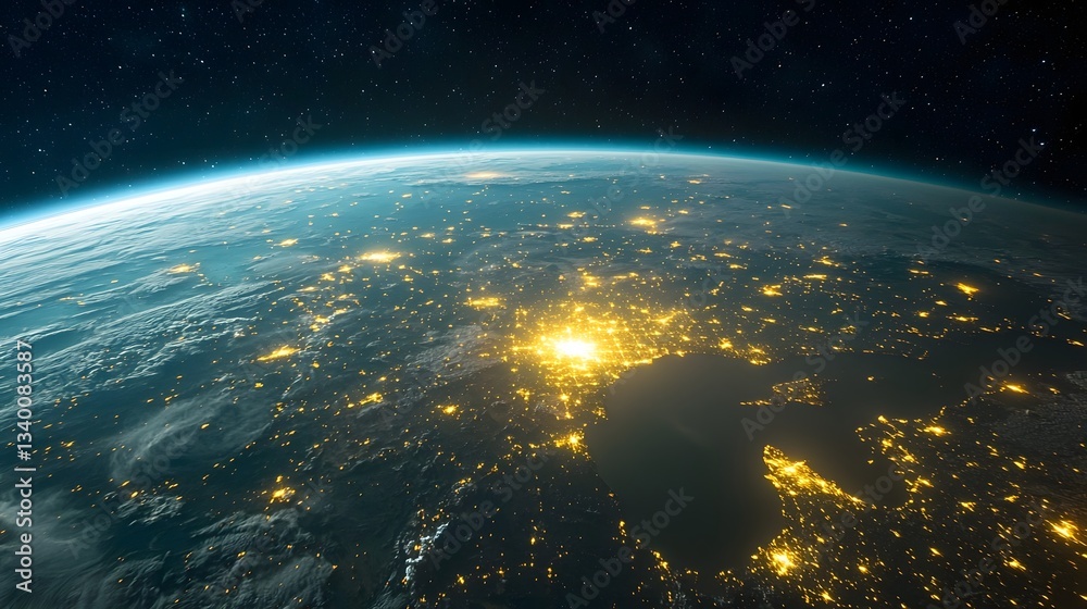 Poster Mysterious glowing lights appear to hover over the dimly lit surface of our planet suggesting the presence of unexplained phenomena beyond our current scientific understanding  category Space
